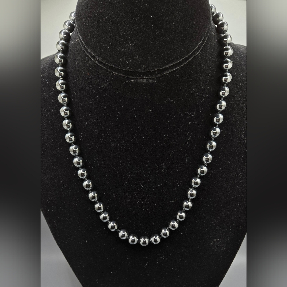 Pearl Necklace 7.4mm Gunmetal Gray Glass Faux Pearls Hand Knotted 17" Long
